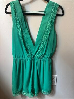 Banjul Green Lace-Trim Deep V Romper